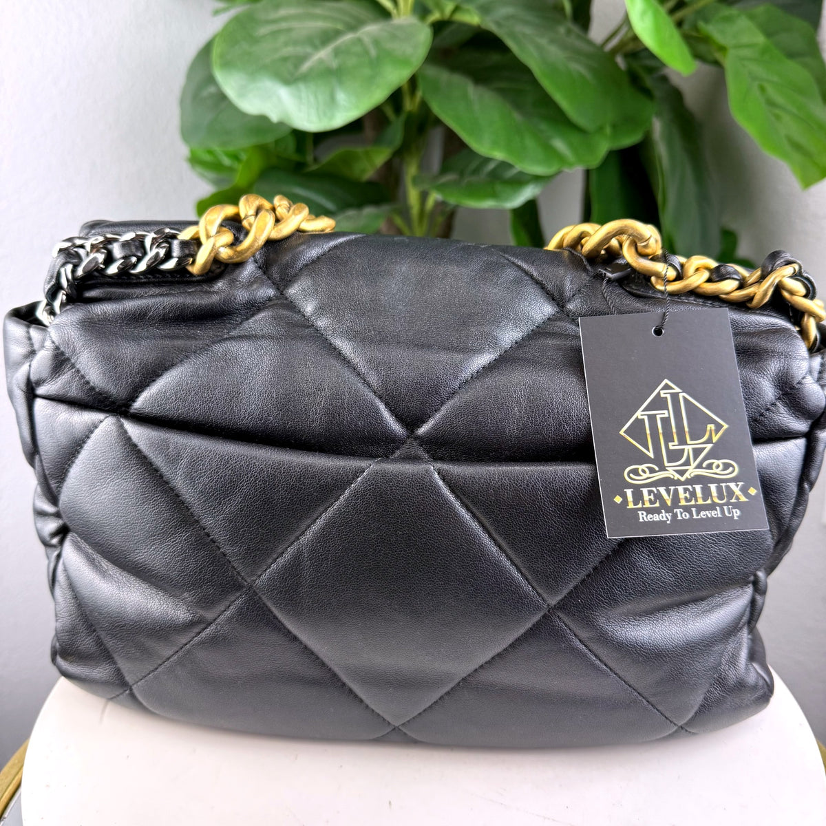 Authentic Chanel 19 Small Flap Bag Black Lambskin Gold Hardware - 02_back.jpg