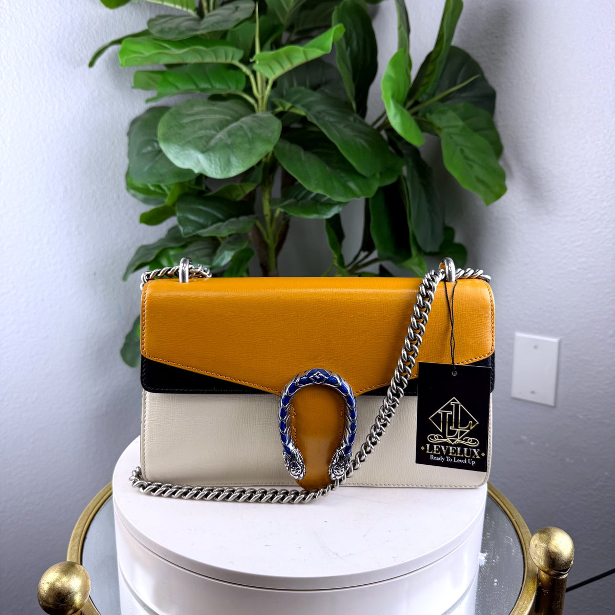 Authentic Gucci Dionysus Medium Shoulder Bag Tricolor Mustard Cream Black - 01_front.jpg