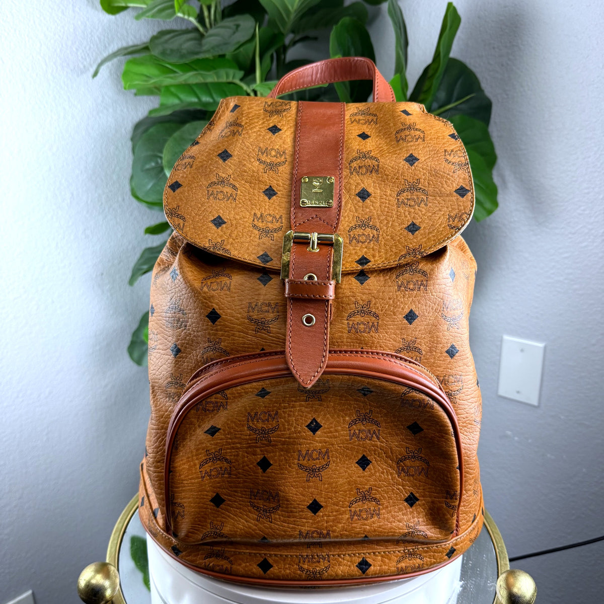 Authentic MCM Visetos Monogram Cognac Coated Canvas Leather Heritage Backpack - 01_front.jpg