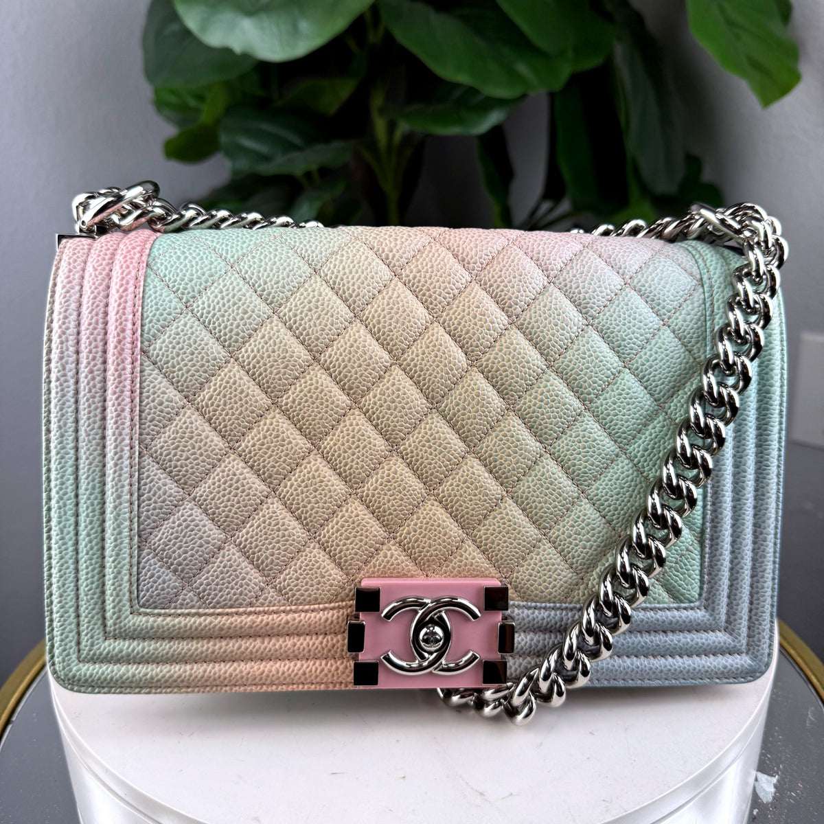 Authentic Chanel Boy Bag Medium Iridescent Caviar Rainbow Quilted Silver Hardware - 01_front.jpg