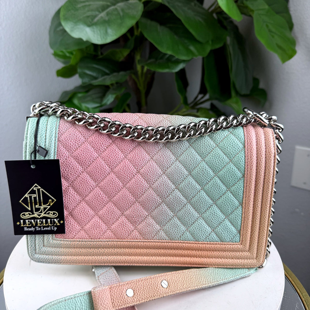 Authentic Chanel Boy Bag Medium Iridescent Caviar Rainbow Quilted Silver Hardware - 02_back.jpg