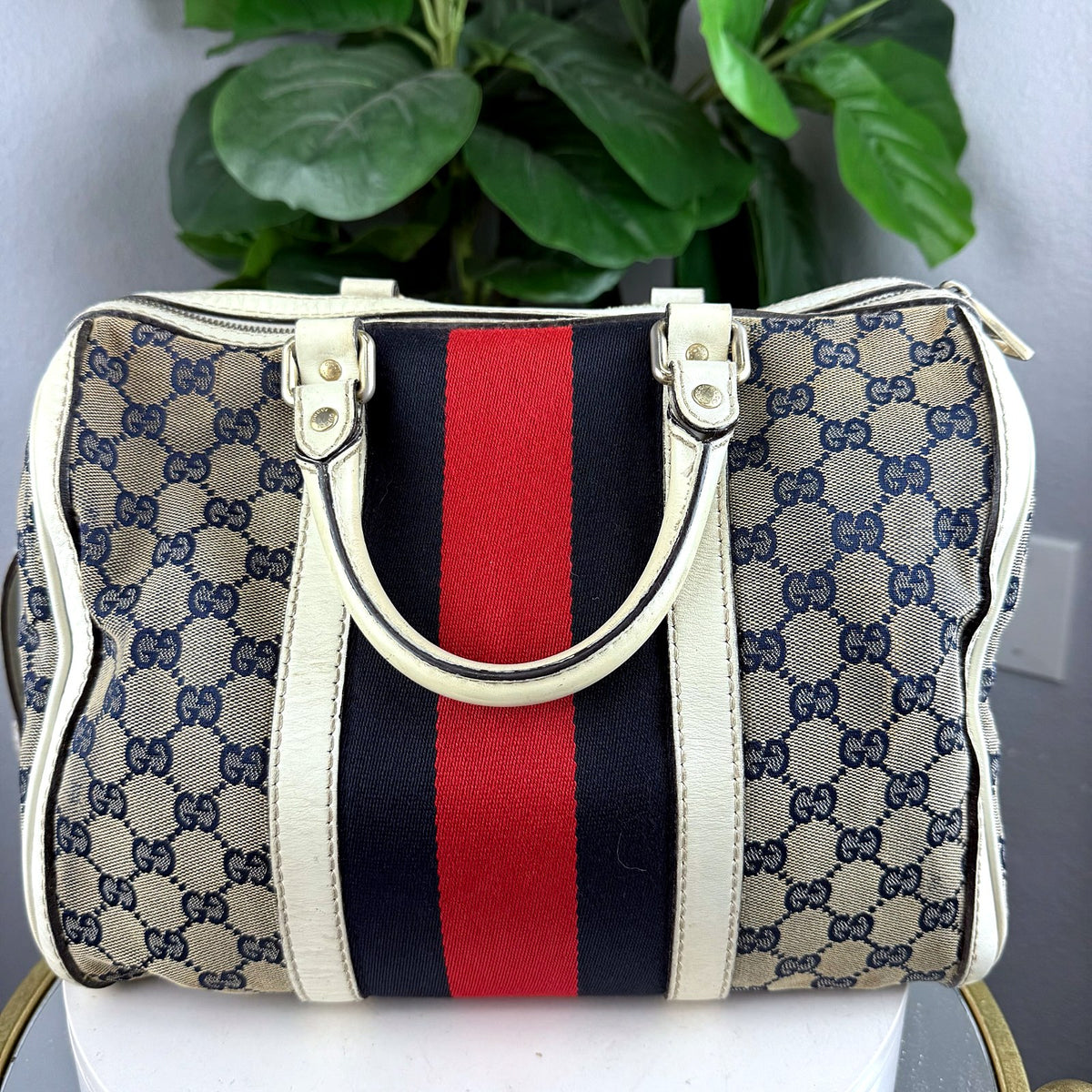 Authentic Gucci Vintage Boston Bag GG Canvas Blue White Leather - 02_photo.jpg