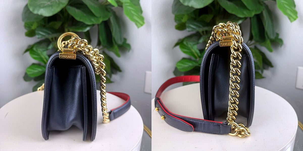 Authentic Chanel Boy Bag Medium Navy Blue Textured Leather Gold Hardware - 04_sides.jpg