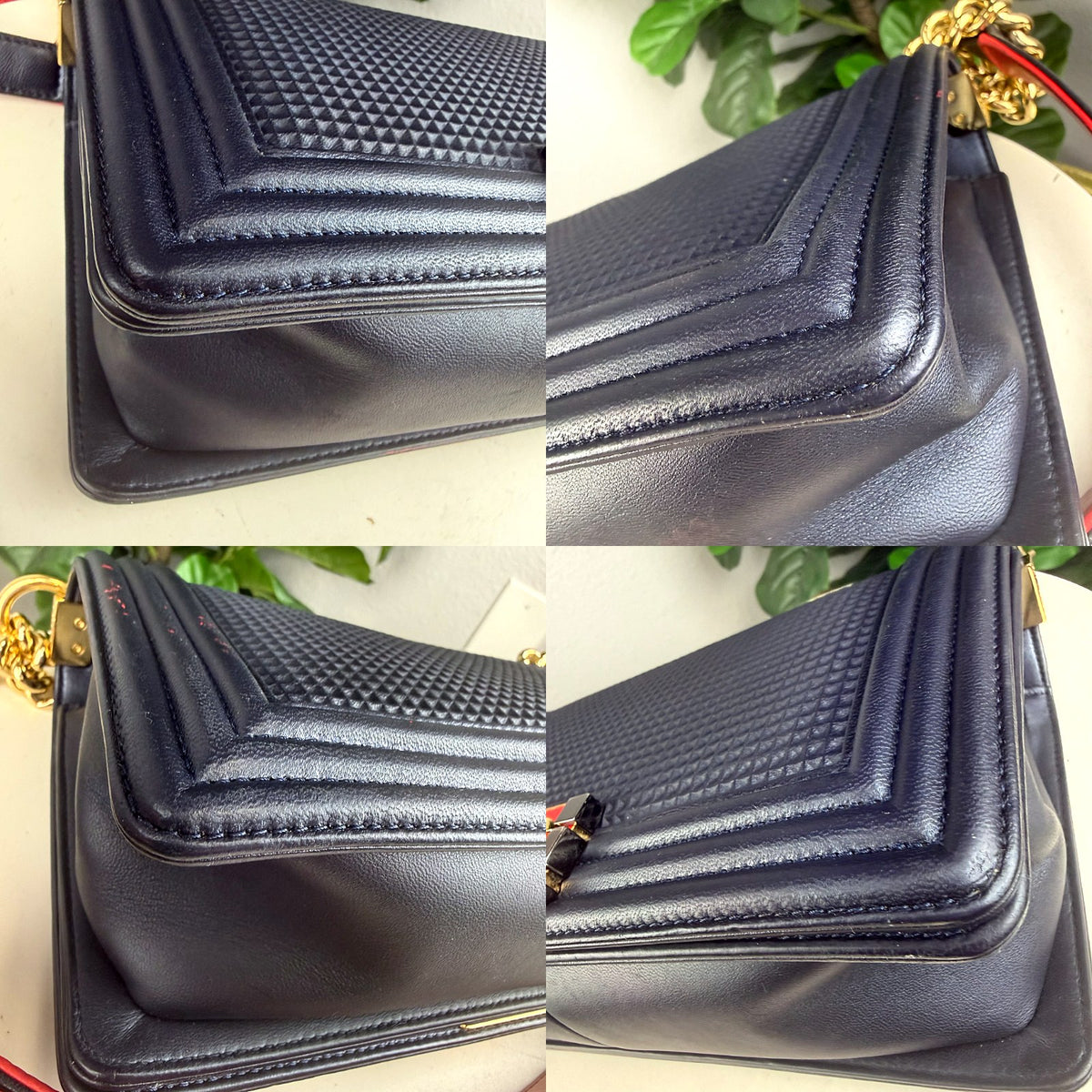 Authentic Chanel Boy Bag Medium Navy Blue Textured Leather Gold Hardware - 05_corners.jpg