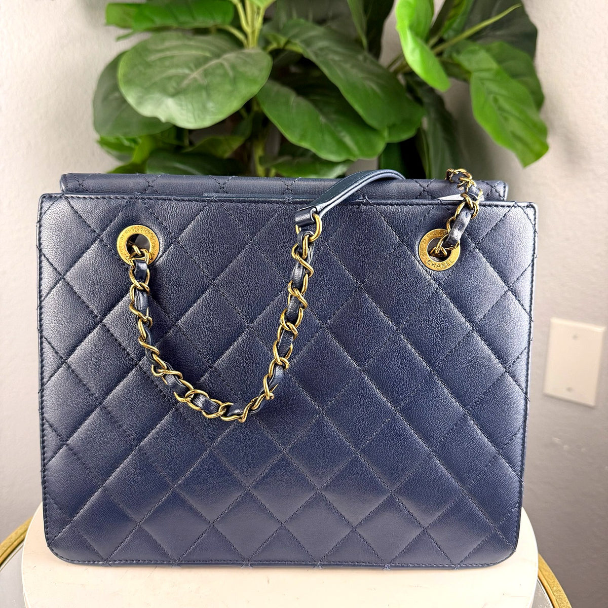 Authentic Chanel Small Classic Flap Bag Navy Blue Quilted Lambskin Gold Hardware - 02_photo.jpg