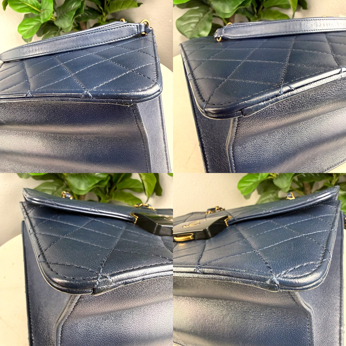Authentic Chanel Small Classic Flap Bag Navy Blue Quilted Lambskin Gold Hardware - 04_corners.jpg