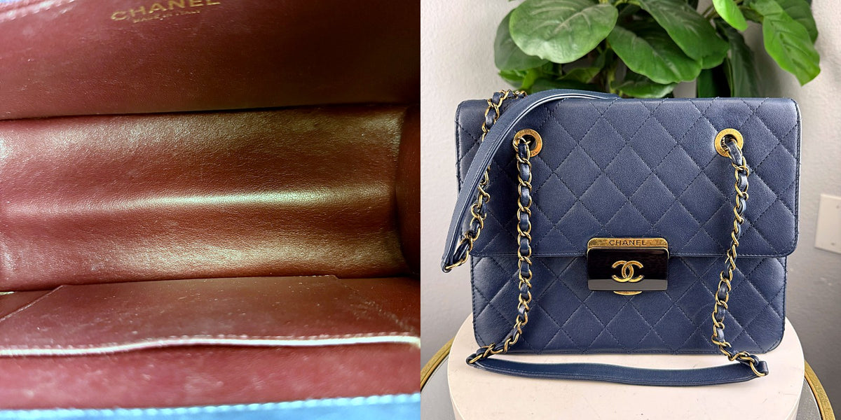 Authentic Chanel Small Classic Flap Bag Navy Blue Quilted Lambskin Gold Hardware - 05_inside.jpg