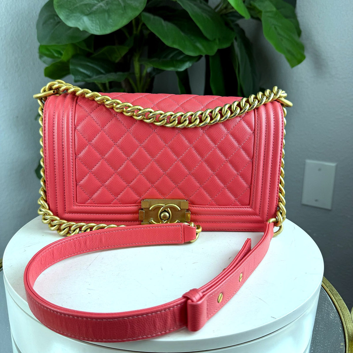 Authentic Chanel Boy Medium Quilted Caviar Flap Bag Coral Gold Hardware - 01_photo.jpg