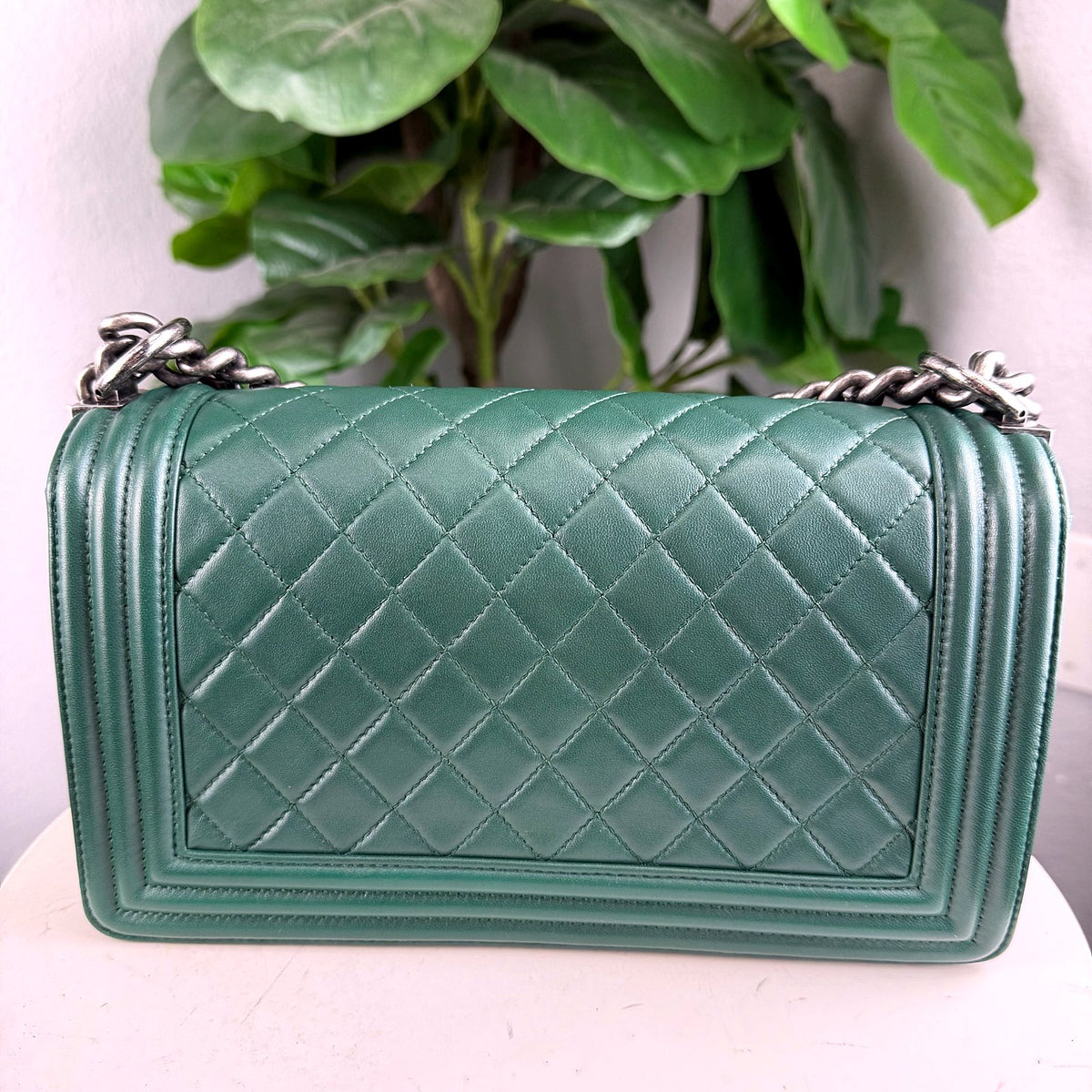 Authentic Chanel Boy Bag Medium Quilted Lambskin Green Ruthenium Hardware - 02_photo.jpg