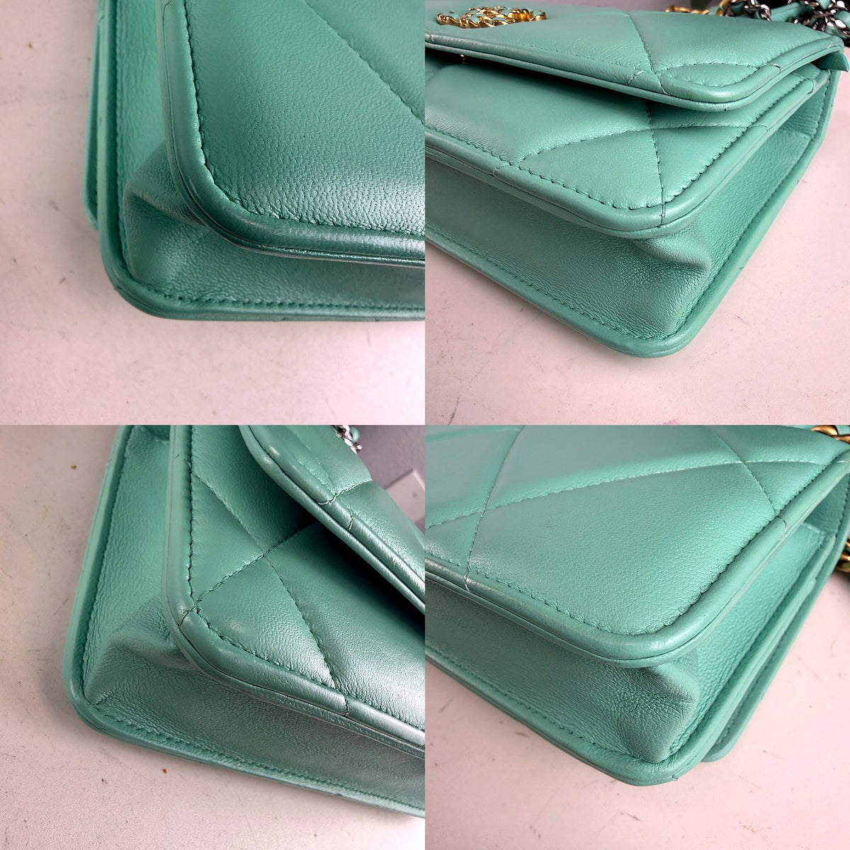 Authentic Chanel 19 Small Flap Bag Light Green Quilted Lambskin Mixed Chain - 04_corners.jpg