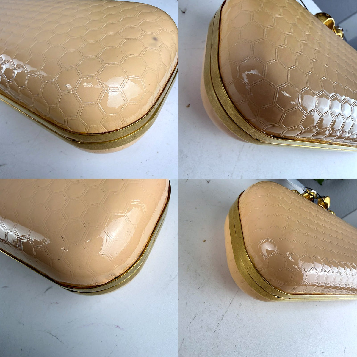 Authentic Alexander McQueen Knuckle Box Clutch Gold Honeycomb Patent Leather - 04_corners.jpg
