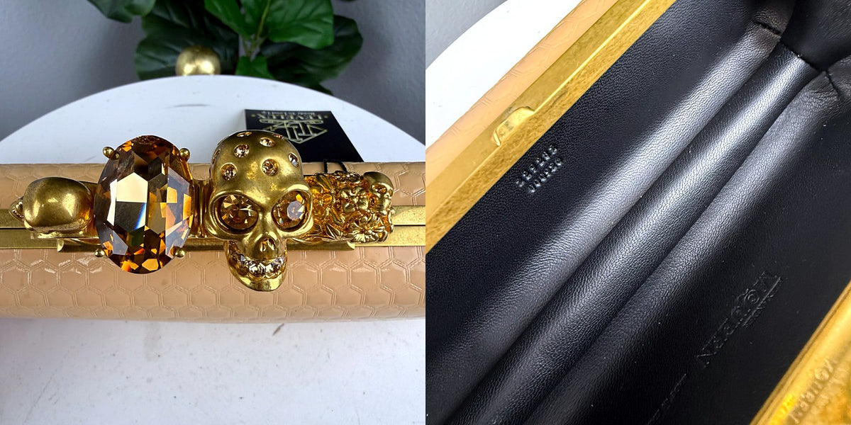 Authentic Alexander McQueen Knuckle Box Clutch Gold Honeycomb Patent Leather - 05_inside.jpg