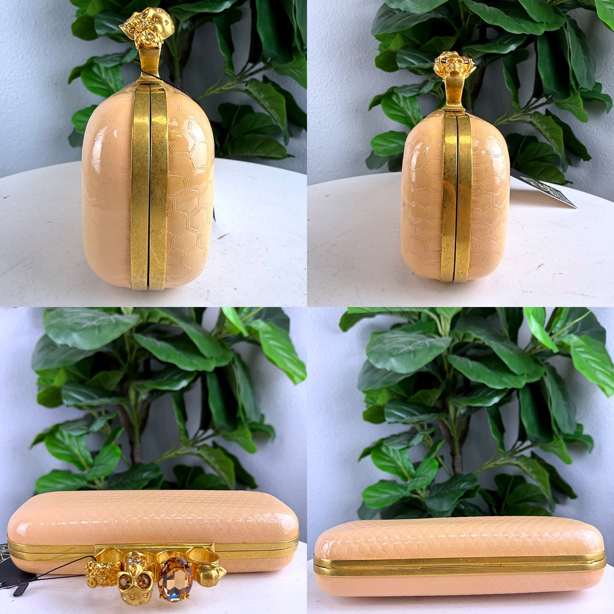 Authentic Alexander McQueen Knuckle Box Clutch Gold Honeycomb Patent Leather - 06_extra.jpg