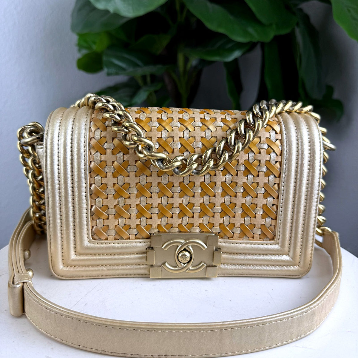 Authentic Chanel Boy Bag Medium Woven Metallic Gold Leather Crossbody - 01_photo.jpg