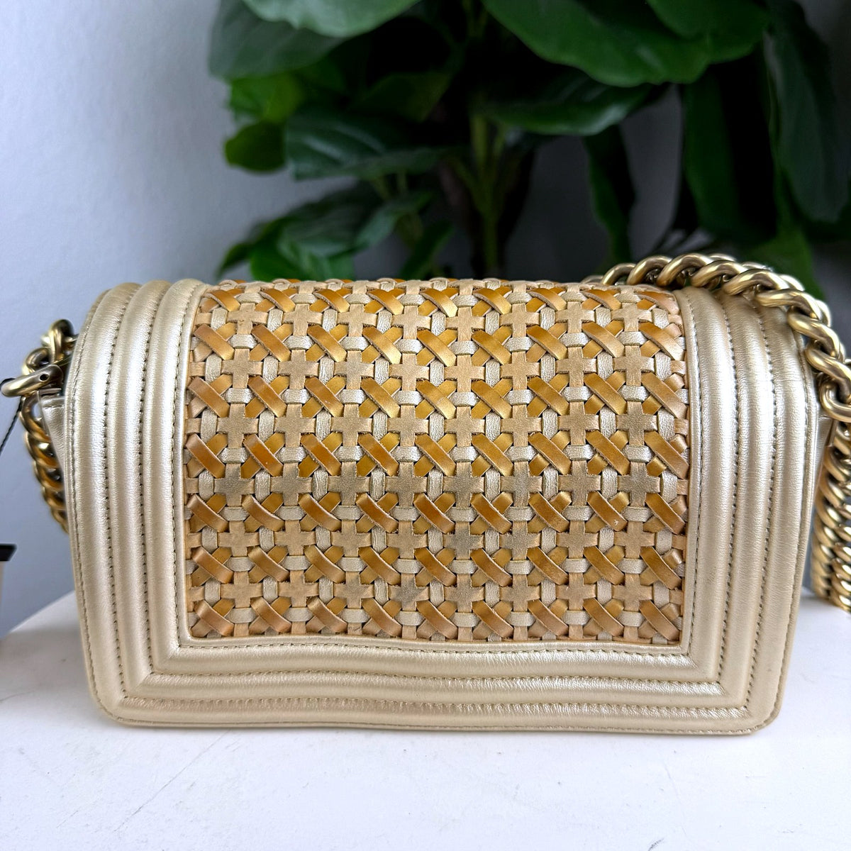 Authentic Chanel Boy Bag Medium Woven Metallic Gold Leather Crossbody - 02_photo.jpg