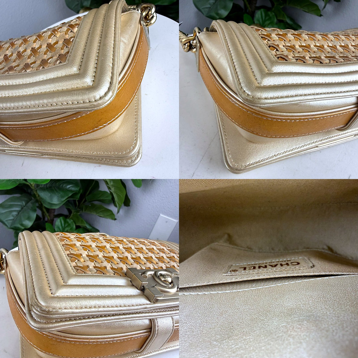 Authentic Chanel Boy Bag Medium Woven Metallic Gold Leather Crossbody - 03_corners.jpg