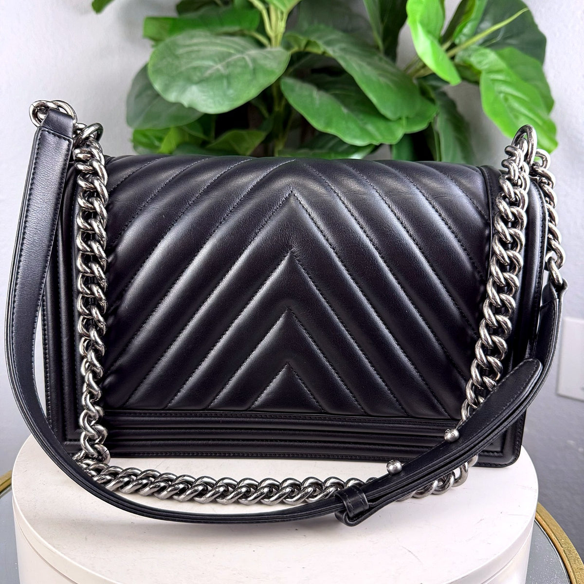 Authentic Chanel Boy Bag New Medium Black Chevron Lambskin Ruthenium Hardware - 02_photo.jpg