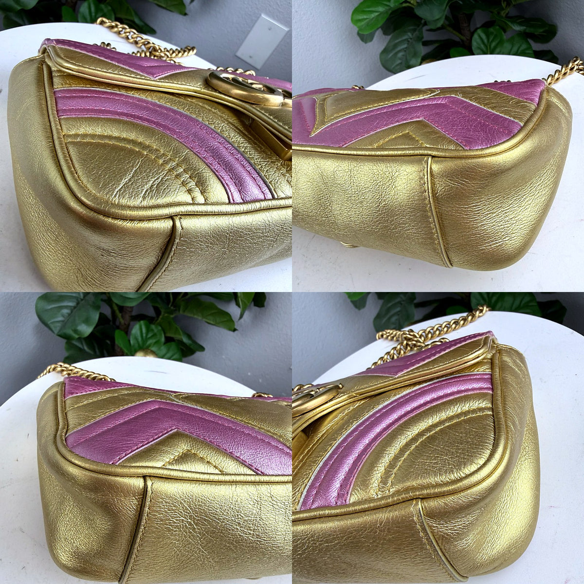Authentic Gucci GG Marmont Small Matelassé Chevron Metallic Gold Pink Bag - 03_corners.jpg
