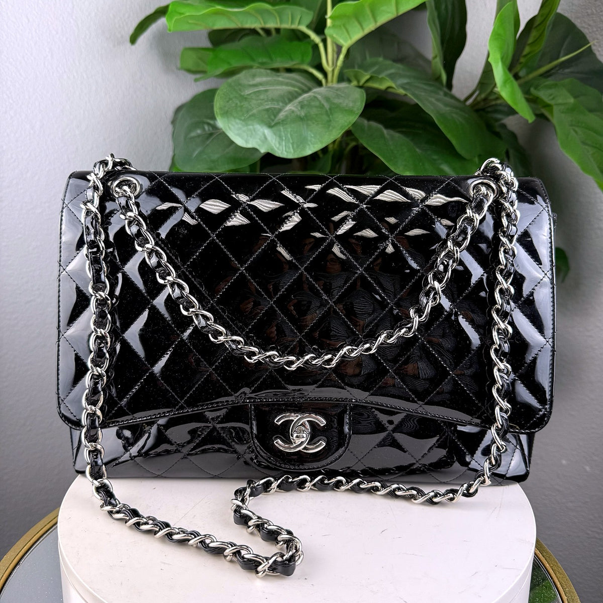 Authentic Chanel Classic Flap Medium Black Patent Leather Silver Hardware - 01_photo.jpg