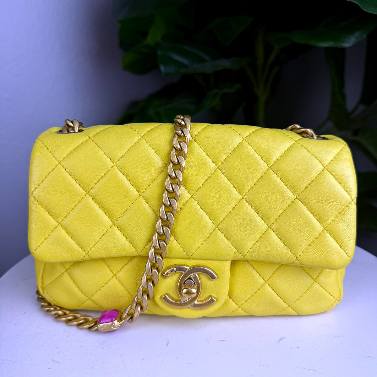 Authentic Chanel Yellow Quilted Lambskin Mini Rectangular Flap Bag Gold Hardware - 01_photo.jpg