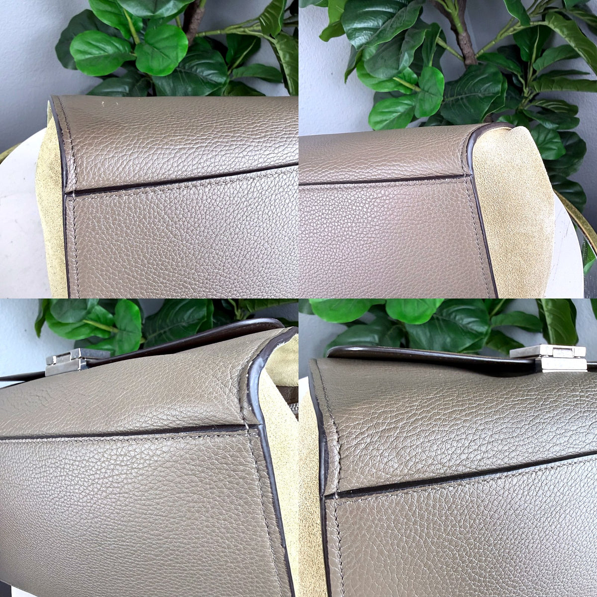 Authentic Celine Small Trapeze Tricolor Beige Tan Yellow Leather Satchel - 03_corners.jpg