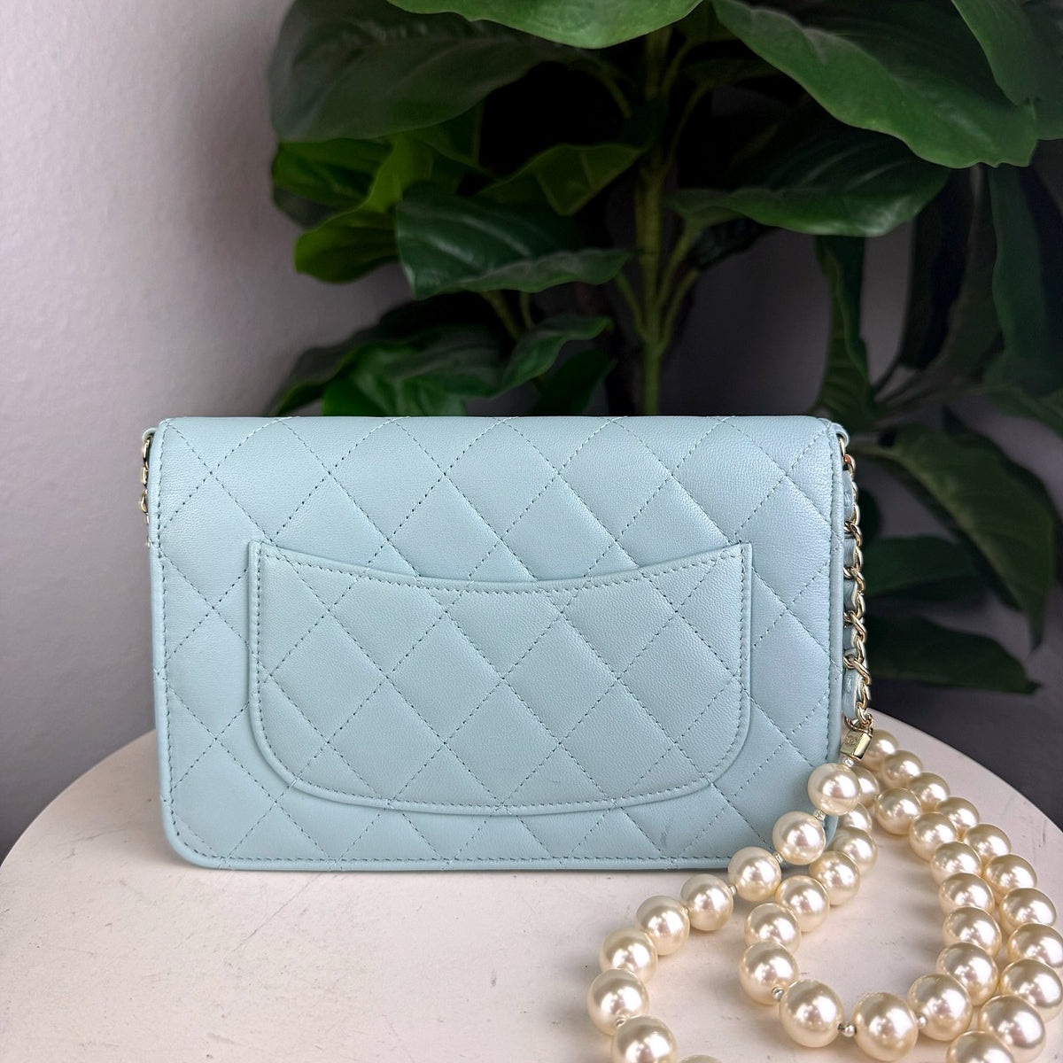Authentic Chanel Wallet on Chain Light Blue Quilted Lambskin Pearl Strap - 02_photo.jpg