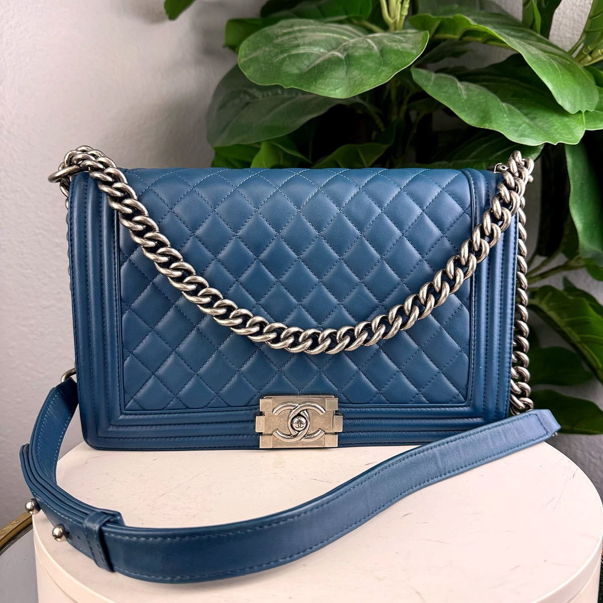 Authentic Chanel Boy Bag Medium Quilted Lambskin Blue Iridescent Silver Hardware - 01_photo.jpg