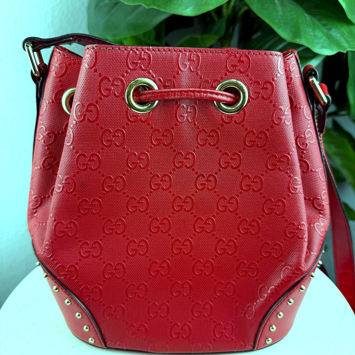 Authentic Gucci GG Signature Leather Bucket Bag Red with Studs - 02_photo.jpg