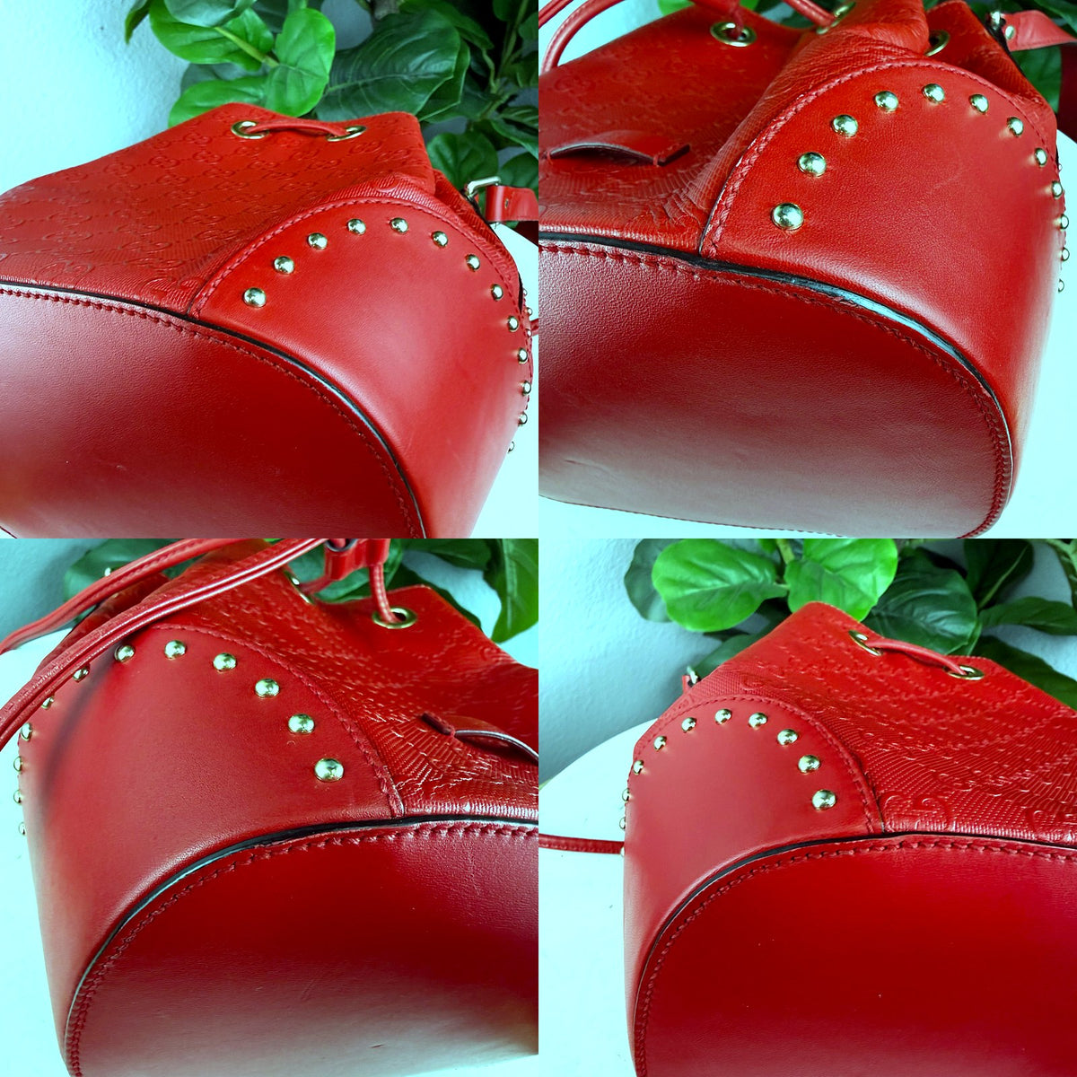 Authentic Gucci GG Signature Leather Bucket Bag Red with Studs - 03_corners.jpg