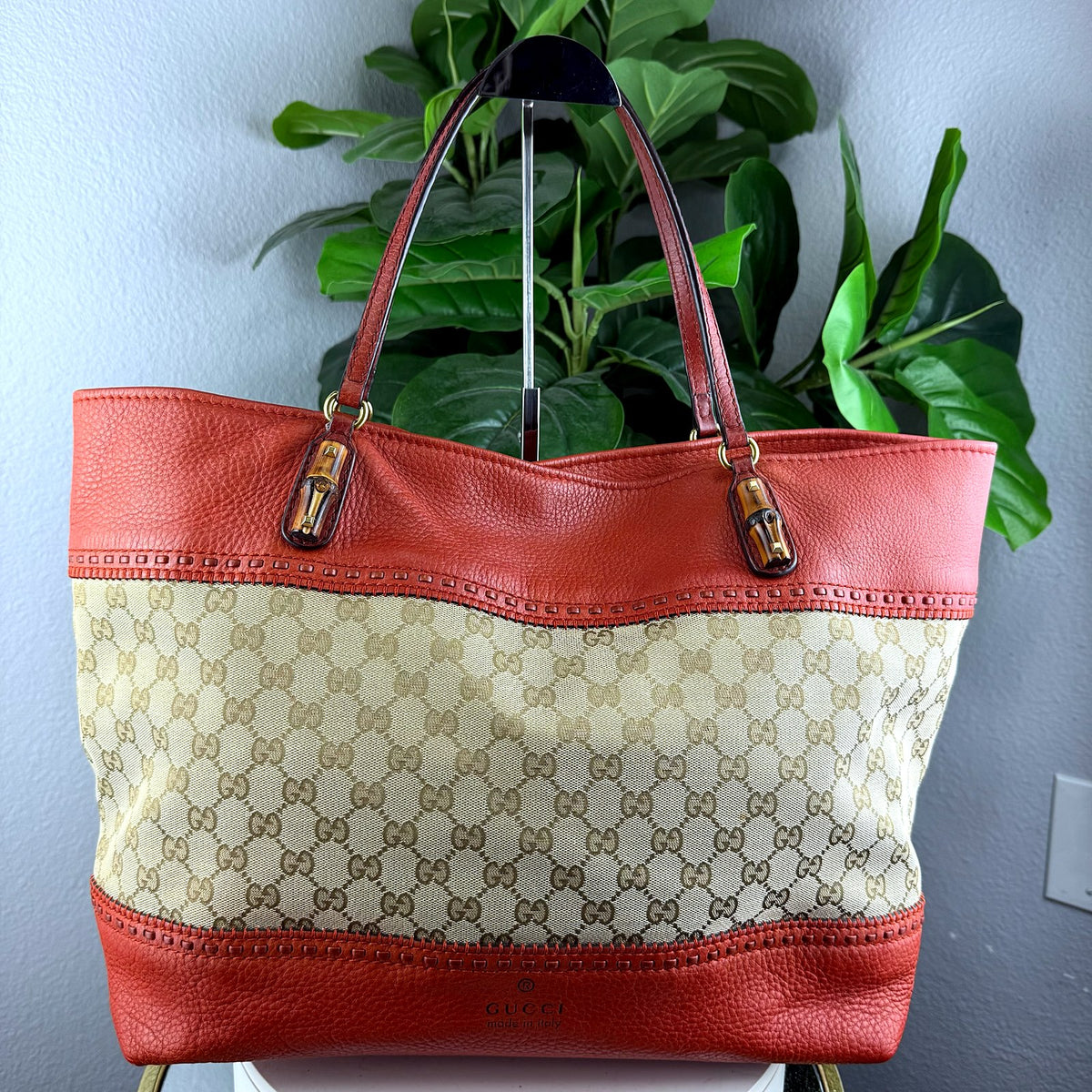 Authentic Gucci GG Canvas Bamboo Detail Tote with Orange Leather Trim - 01_photo.jpg