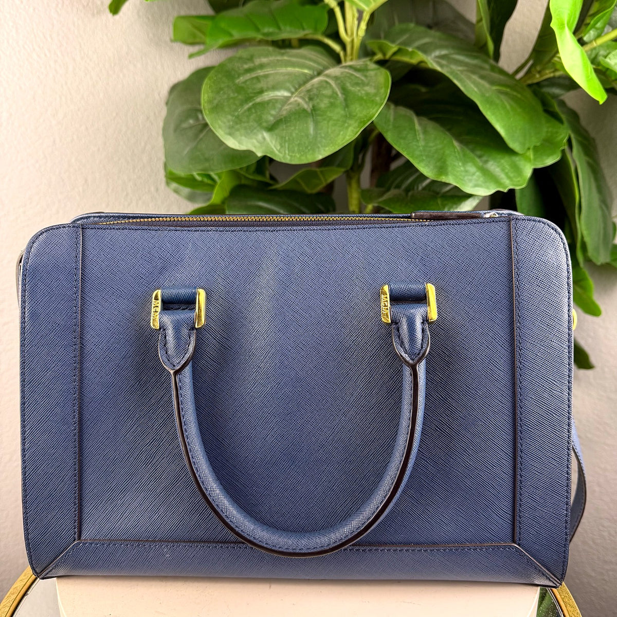 Authentic MCM Medium Essential Boston Satchel in Blue Saffiano Leather - 02_photo.jpg