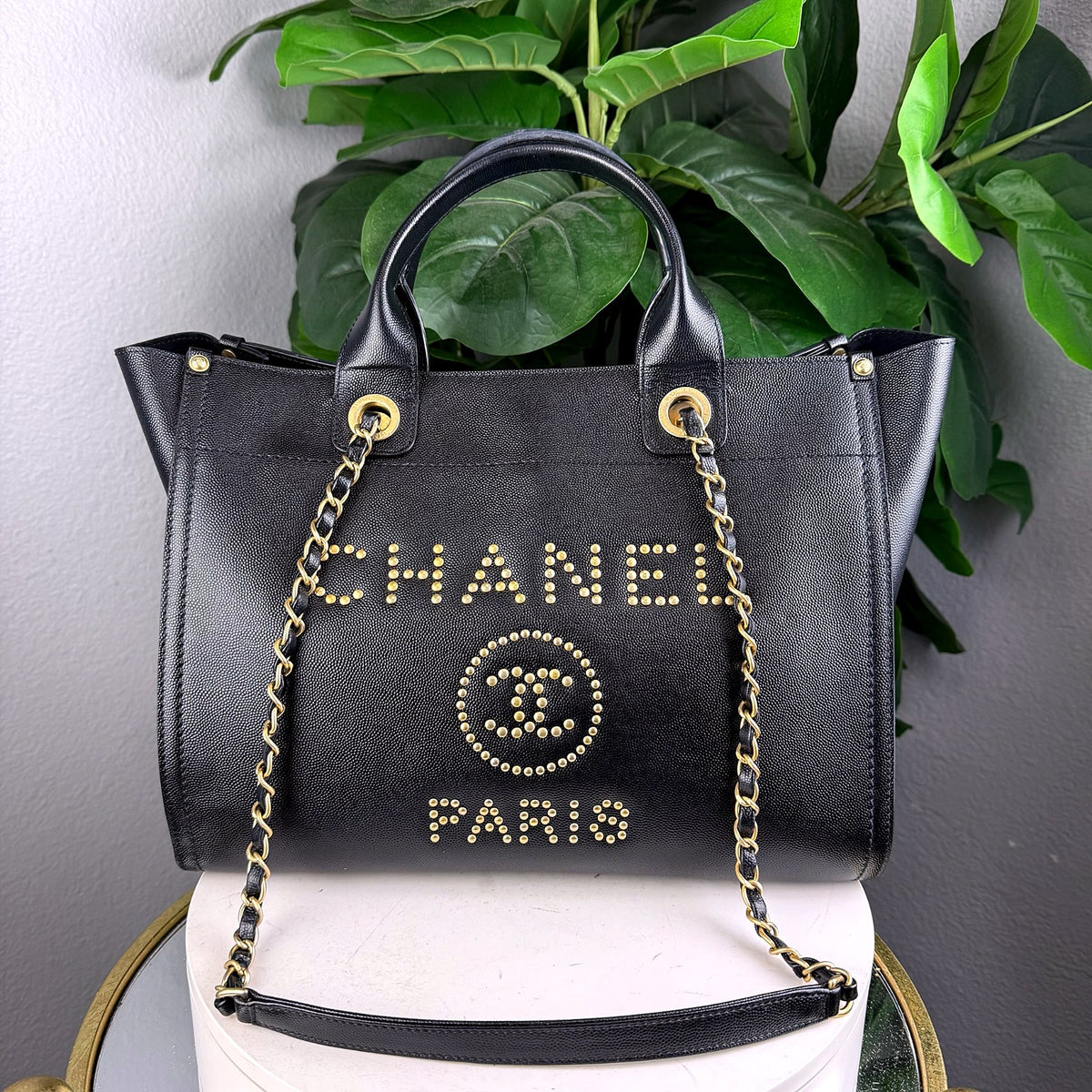 Authentic Chanel Deauville Tote Black Leather Gold Studded Logo - 01_photo.jpg