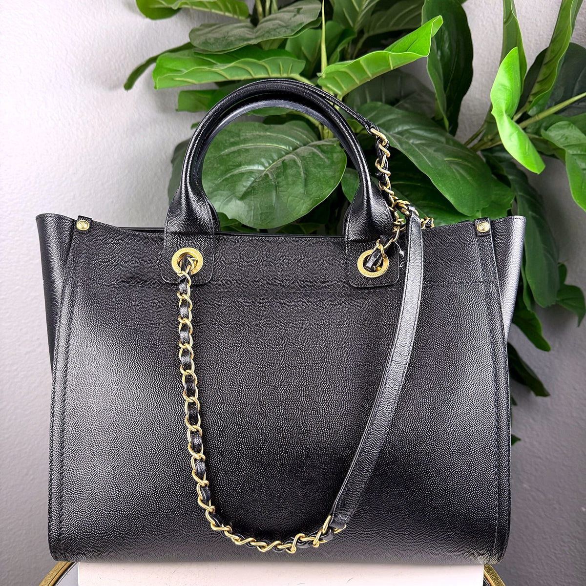 Authentic Chanel Deauville Tote Black Leather Gold Studded Logo - 02_photo.jpg