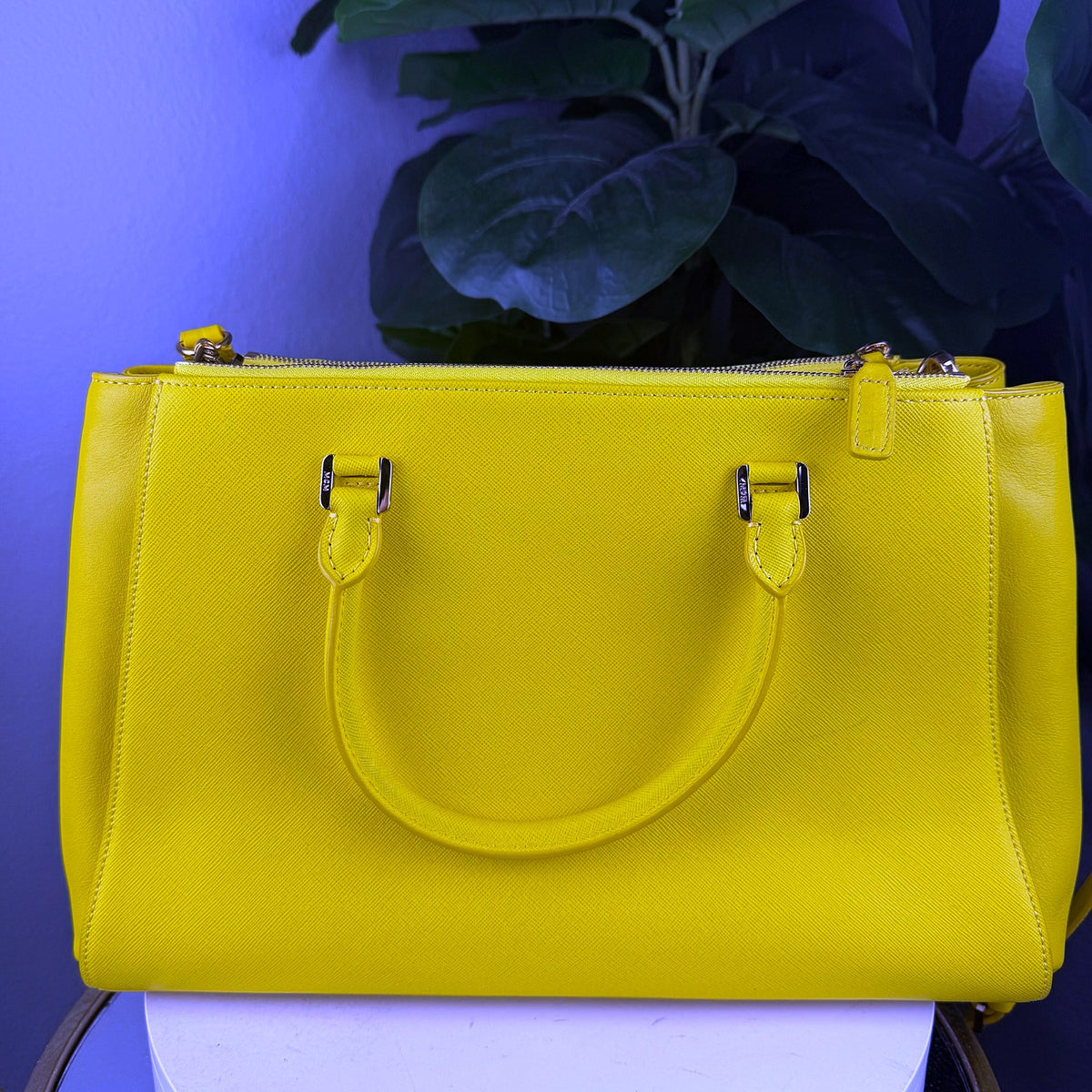 Authentic MCM Double Zip Tote in Yellow Saffiano Leather with Gold Hardware - 02_photo.jpg