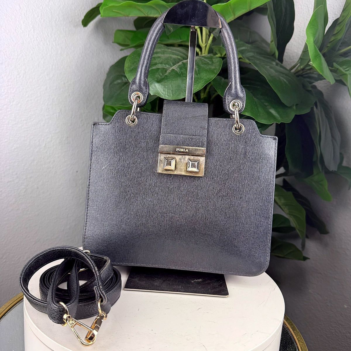 Authentic Furla Bella Top Handle Bag in Black Saffiano Leather with Gold Hardware - 01_photo.jpg