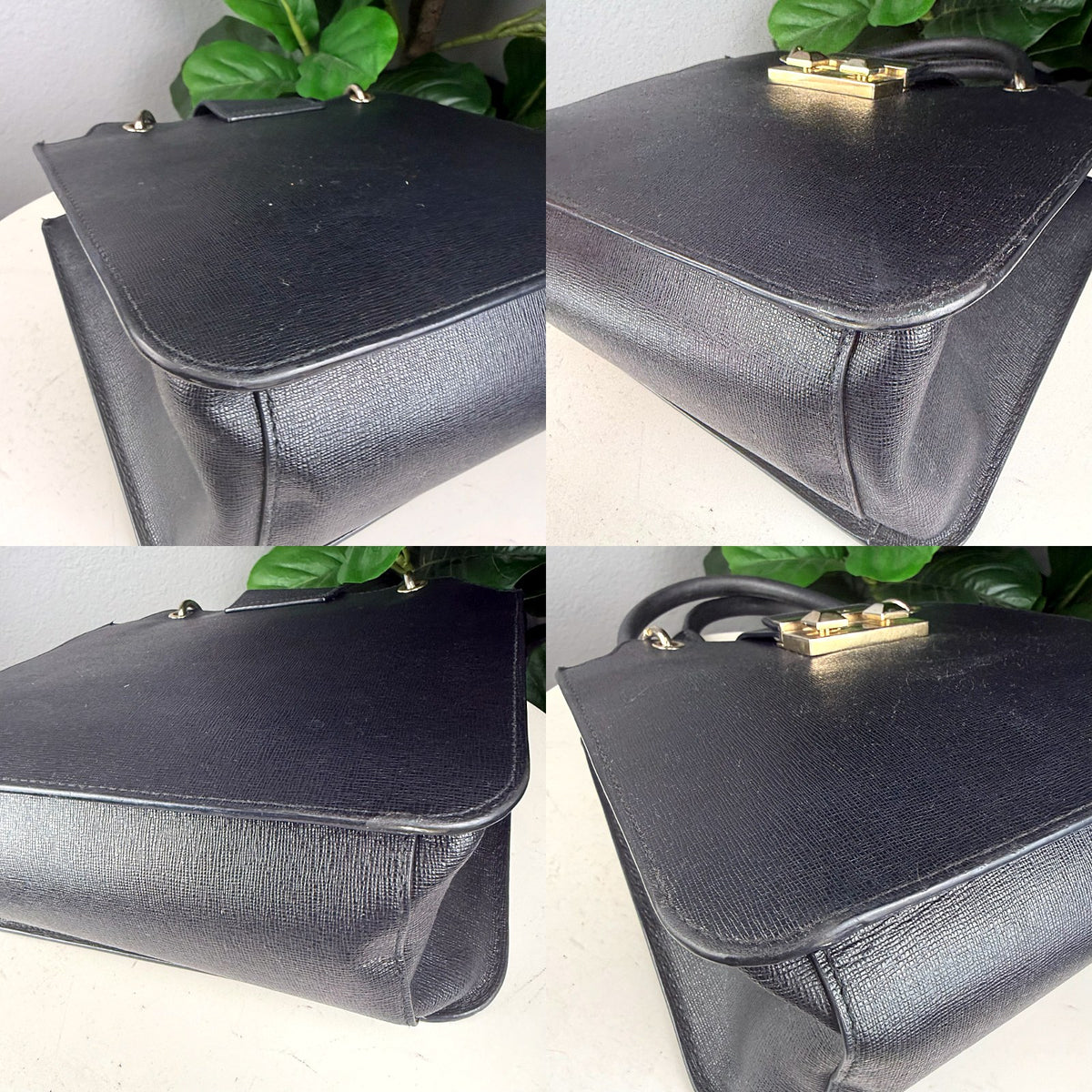 Authentic Furla Bella Top Handle Bag in Black Saffiano Leather with Gold Hardware - 03_corners.jpg