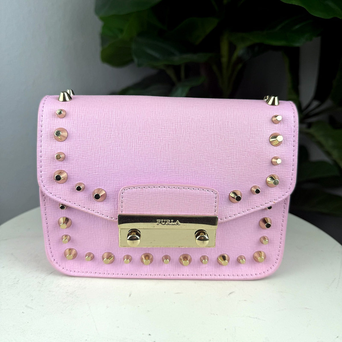 Authentic Furla Metropolis Bolero Mini Studded Crossbody Bag in Pink Saffiano Leather with Gold Hardware - 01_photo.jpg