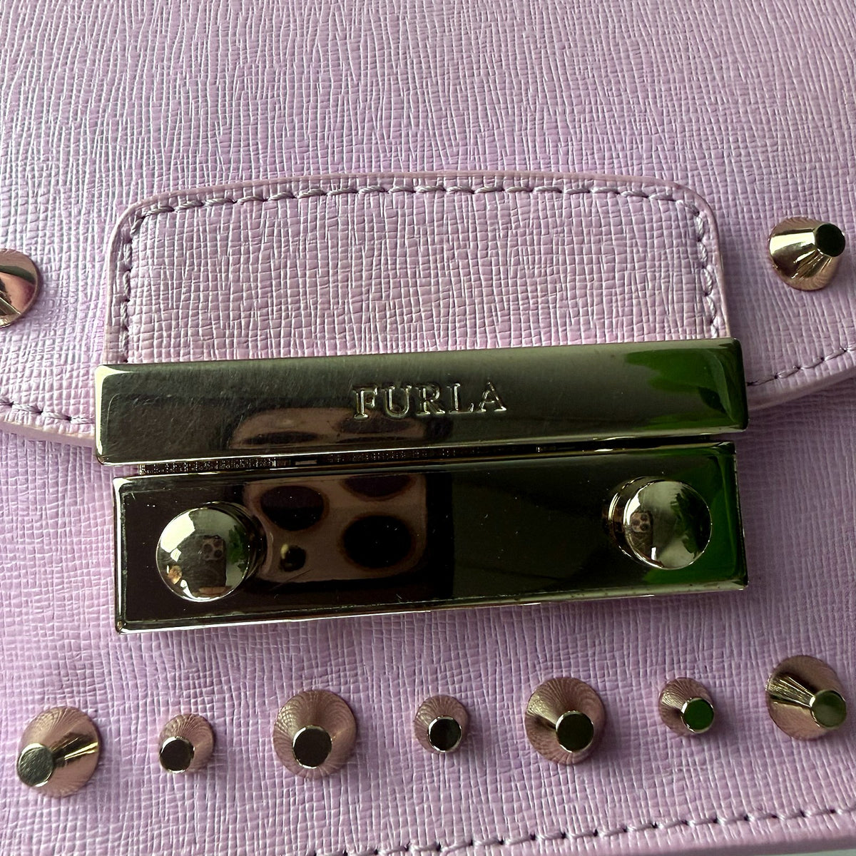 Authentic Furla Metropolis Bolero Mini Studded Crossbody Bag in Pink Saffiano Leather with Gold Hardware - 02_photo.jpg