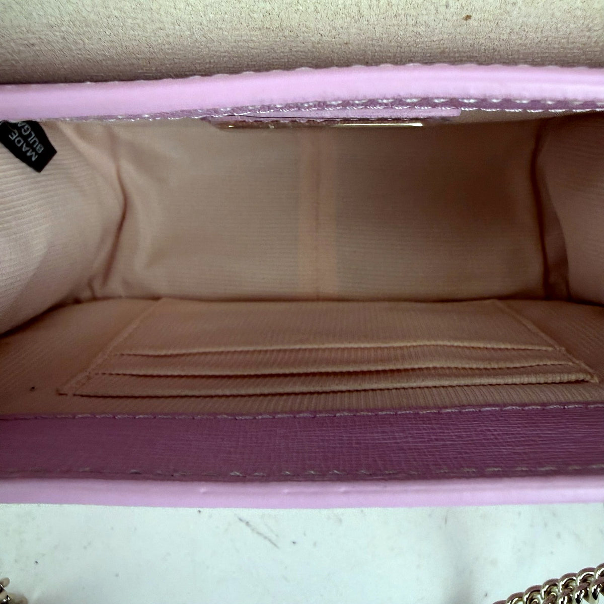 Authentic Furla Metropolis Bolero Mini Studded Crossbody Bag in Pink Saffiano Leather with Gold Hardware - 04_inside.jpg