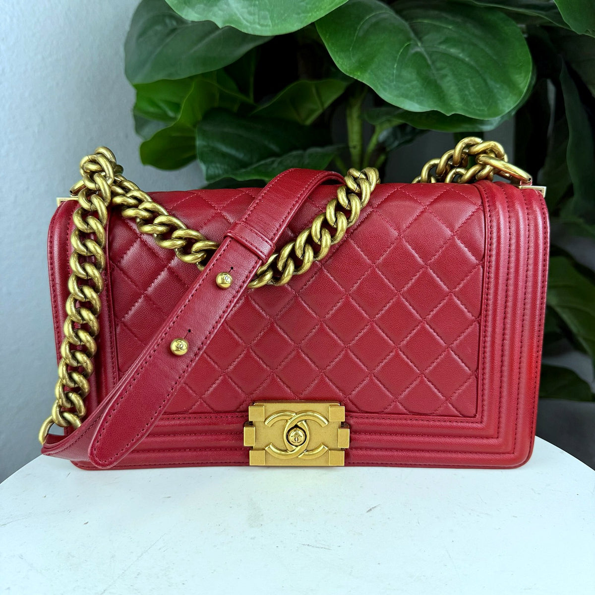 Authentic Chanel Boy Bag Medium Red Quilted Lambskin Gold Hardware - 03_photo.jpg
