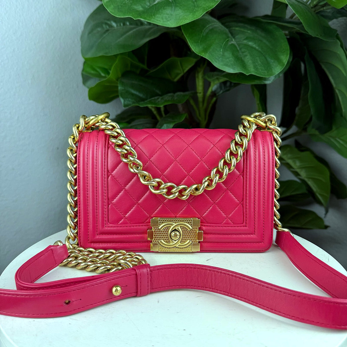 Authentic Chanel Small Boy Bag in Fuchsia Pink Lambskin with Gold Hardware - 01_photo.jpg
