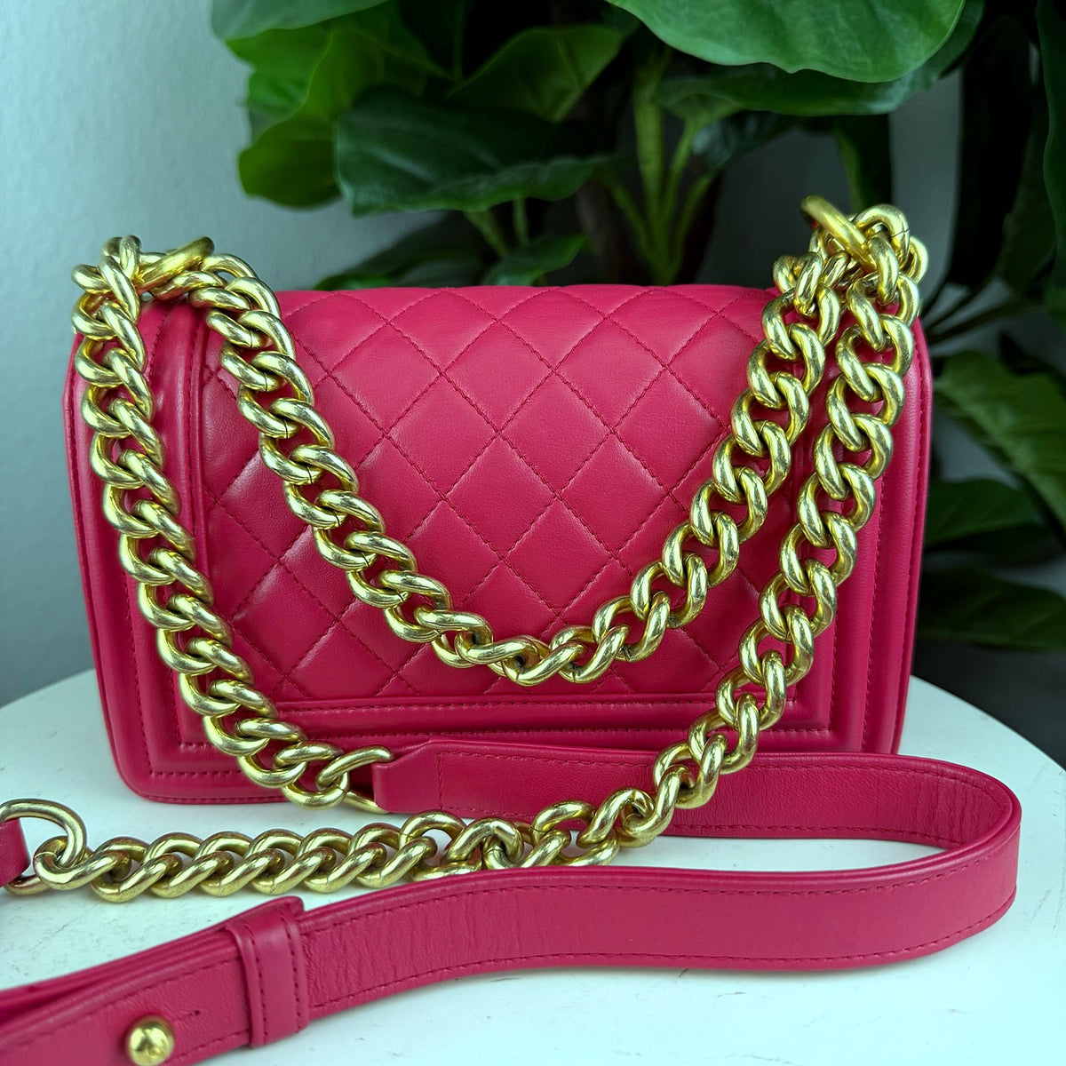 Authentic Chanel Small Boy Bag in Fuchsia Pink Lambskin with Gold Hardware - 03_photo.jpg