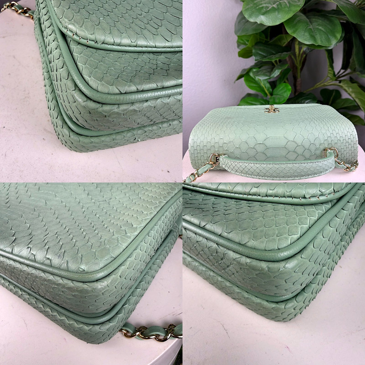 Authentic Chanel Medium Flap Python Light Green Gold Hardware - 03_corners.jpg