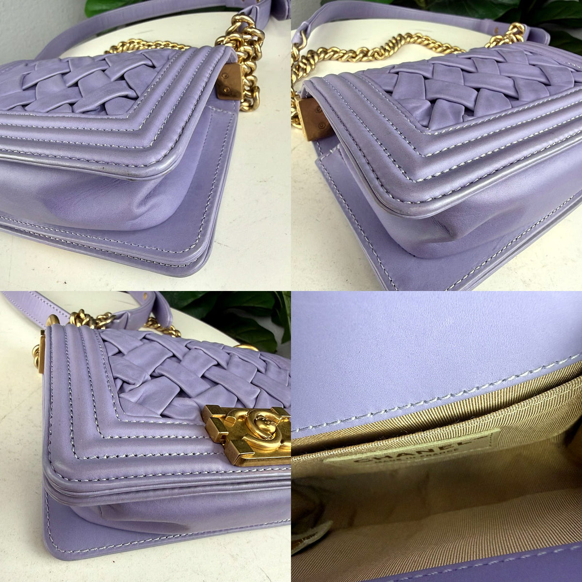 Authentic Chanel Small Boy Bag Lavender Woven Lambskin Gold Hardware - 03_corners.jpg