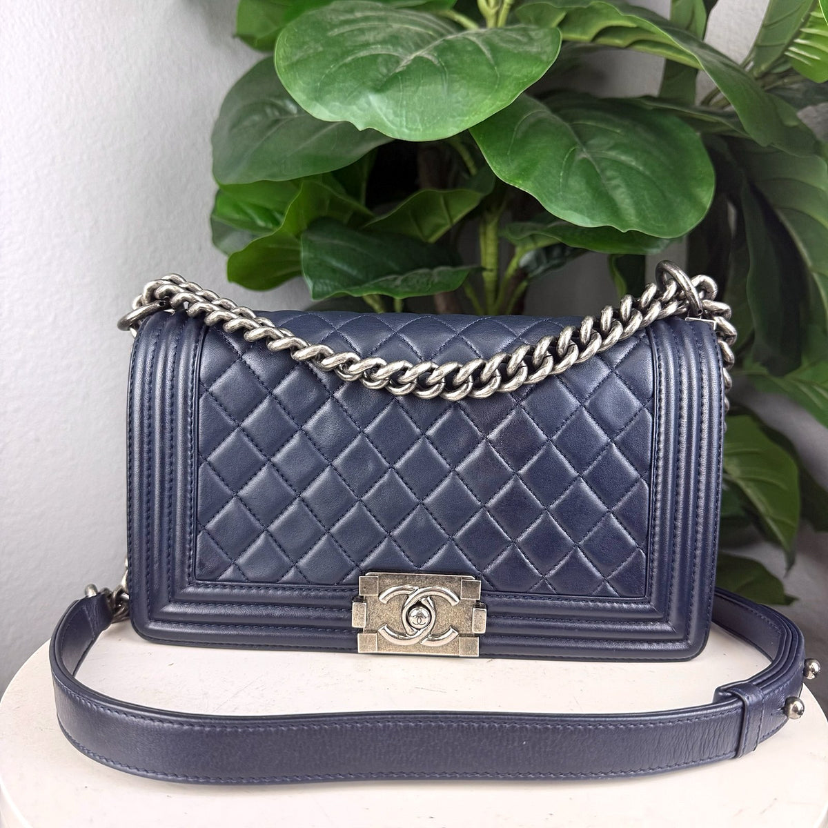 Authentic Chanel Boy Bag Medium Quilted Lambskin Navy Blue Silver Hardware - 01_photo.jpg
