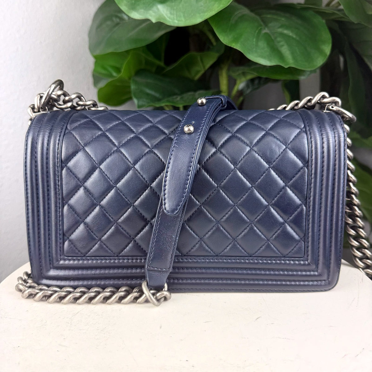 Authentic Chanel Boy Bag Medium Quilted Lambskin Navy Blue Silver Hardware - 02_photo.jpg