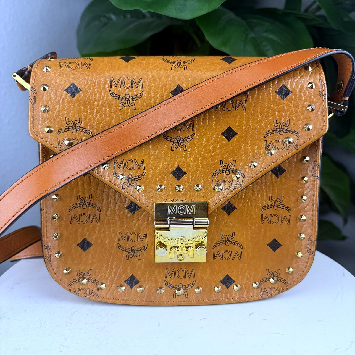 Authentic MCM Patricia Visetos Studded Crossbody Bag Cognac - 01_photo.jpg