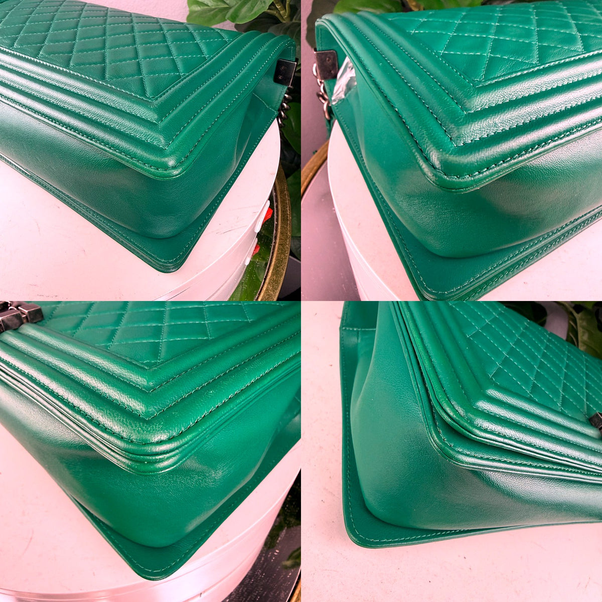 Authentic Chanel Boy Medium Quilted Lambskin Flap Bag Green Silver Hardware - 03_corners.jpg