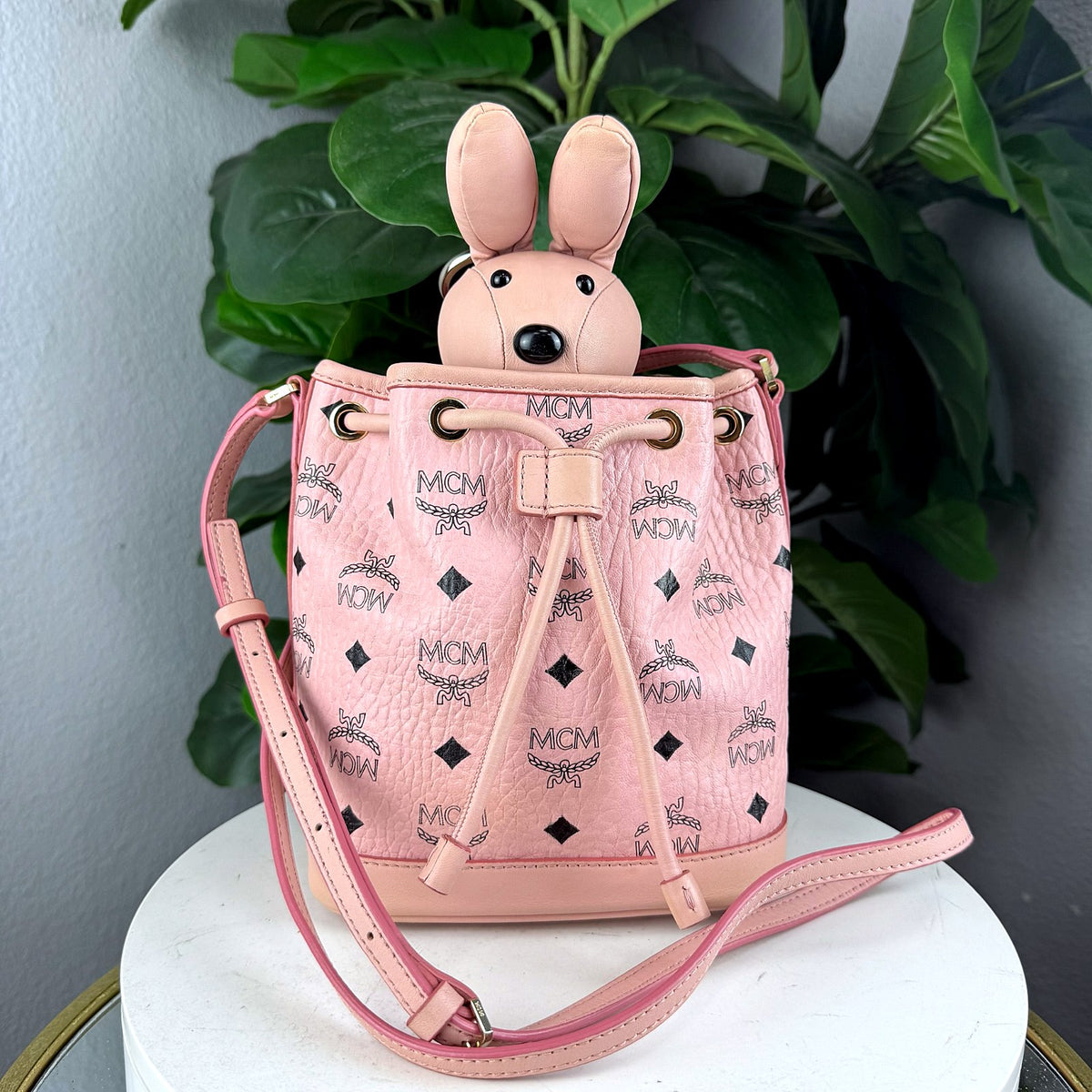 Authentic MCM Zoo Rabbit Charm Mini Bucket Bag Pink Visetos - 01_photo.jpg