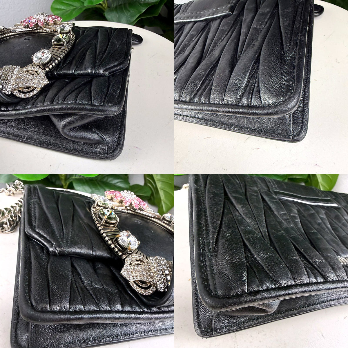 Authentic Miu Miu Matelassé Lady Bag Black Leather Crystal Buckle - 04_corners.jpg